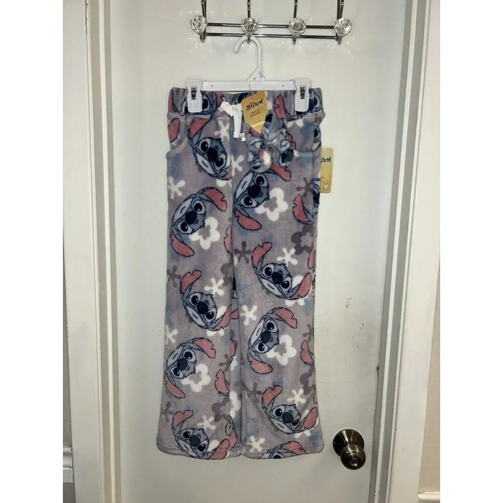 Disney Stitch Multicolor Draw String Fleece Pajama Pants With Hair Tie Size 10